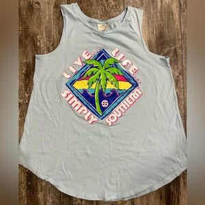 Simply Southern Light Blue Tank Top with Palm Tree Design